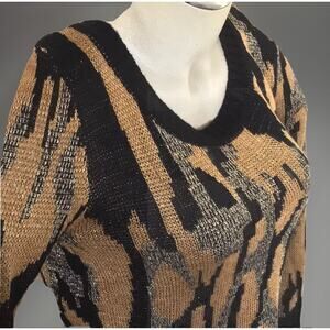 BKE Buckle Sweater Womens L Gold/Black Pullover Tunic Knit Scoop Neck L/Sleeve
